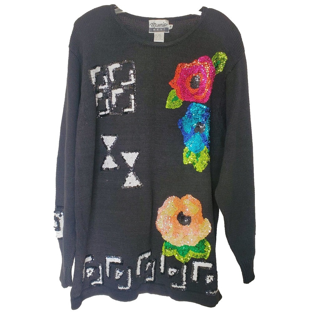 Marnie West Vintage Black Sequin Floral Geometric Knit Sweater Ramie Cotton Med